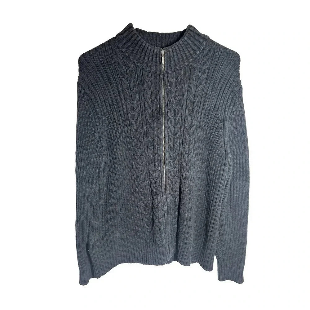 LANDS END Women’s Size L 100%Cotton Cable Knit Ribbed Full Zip Cardigan Sweater